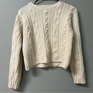 Inis Crafts 100% Merino Wool Cream Cable Knit Cropped Sweater Size S Fisherman